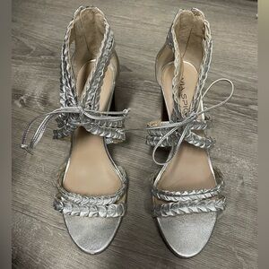 Via Spiga Silver Heels with Pointed Toe and Crisscross Straps